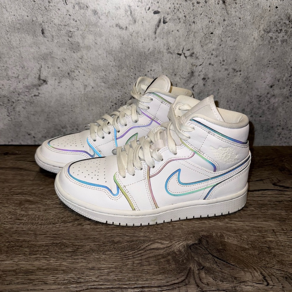 Jordan 1 Mid- White and Iridescent High-Top Sneakers